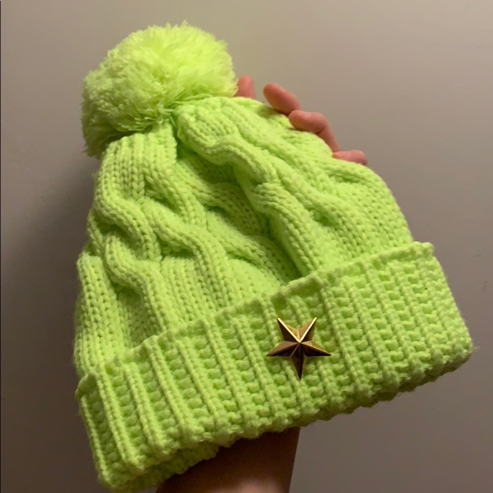 Neon Green Cable Knit Beanie with Star Hardware